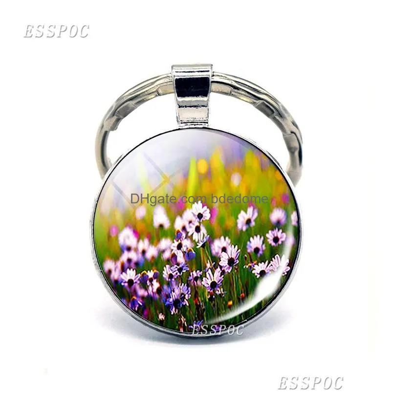 small daisies carnations sunflowers picture glass cabochon keychain flowers keychain mothers day gift