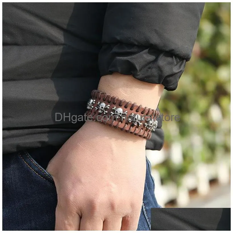 punk knit skull bracelets leather bangle cuff button adjustable multilayer wrap bracelet wristand for men women will and sandy fashion