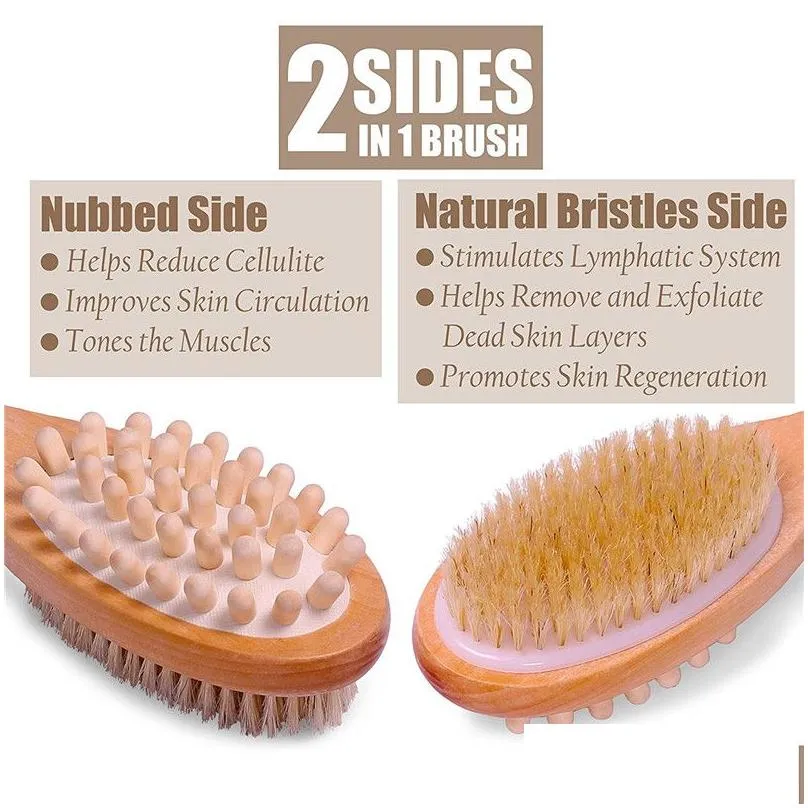  2-in-1 sided natural bristles spa shower brush bath body massage brushes wooden long handle scrubber