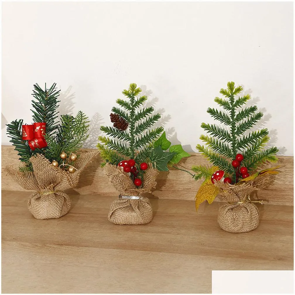 mini christmas tree table decorations 8 small artificial trees with red berries pine cone greenery tabletop centerpiece for home office room holiday decor