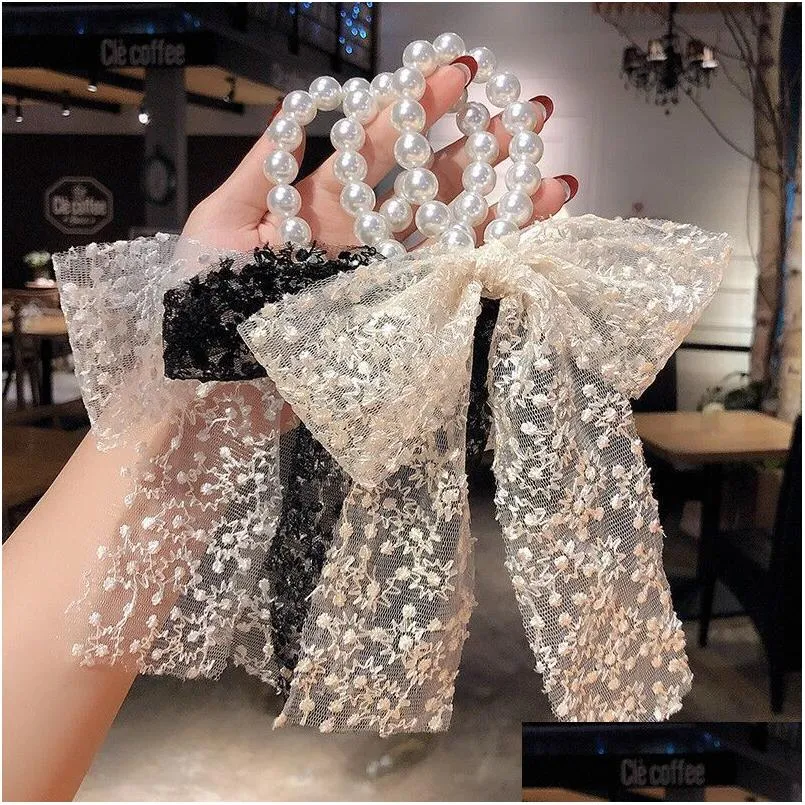 happy multi knock fairy lace bow pearl hair rope korean version sen series ribbon large intestine circle hair ornament headdress