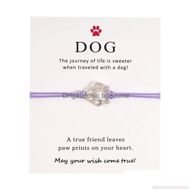 silver malinois dog cat paw connection charms cuff multilayer wax rope animal pet bracelets women men with card bracelet jewelry