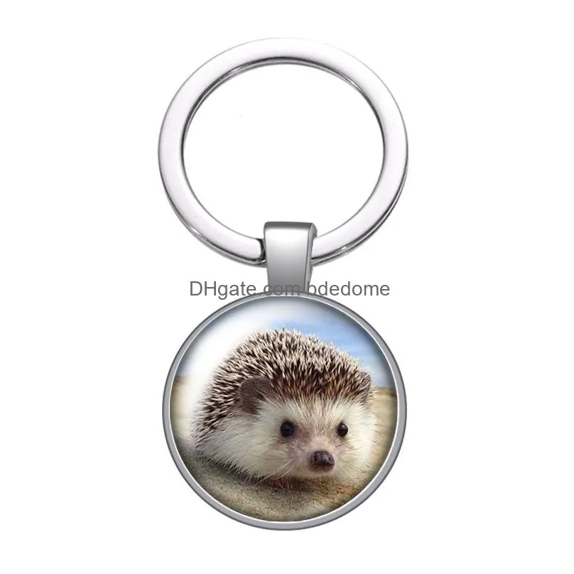 love animals horse hedgehog pig glass cabochon keychain bag car key chain ring holder silver color keychains men women gifts