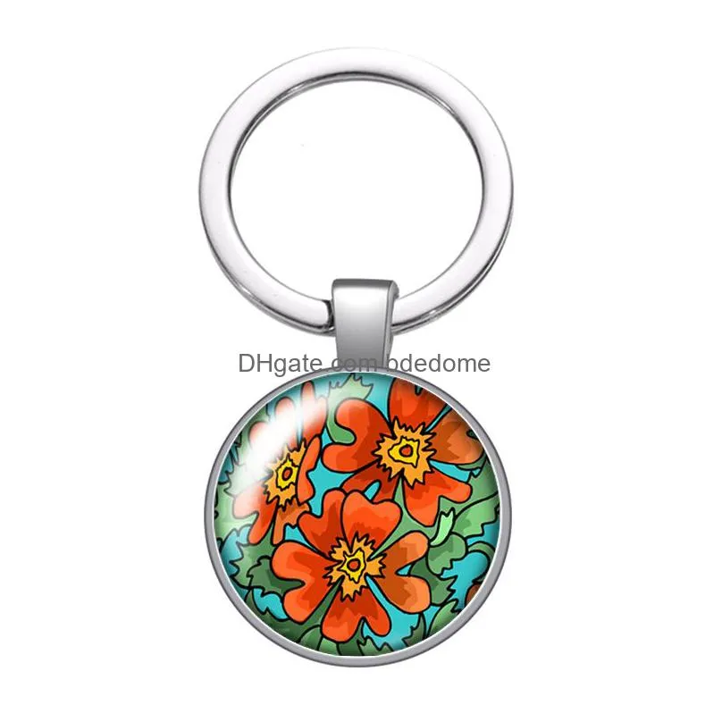 colorful beauty flowers fashion glass cabochon keychain bag car key rings holder charms silver plated key chains women gifts