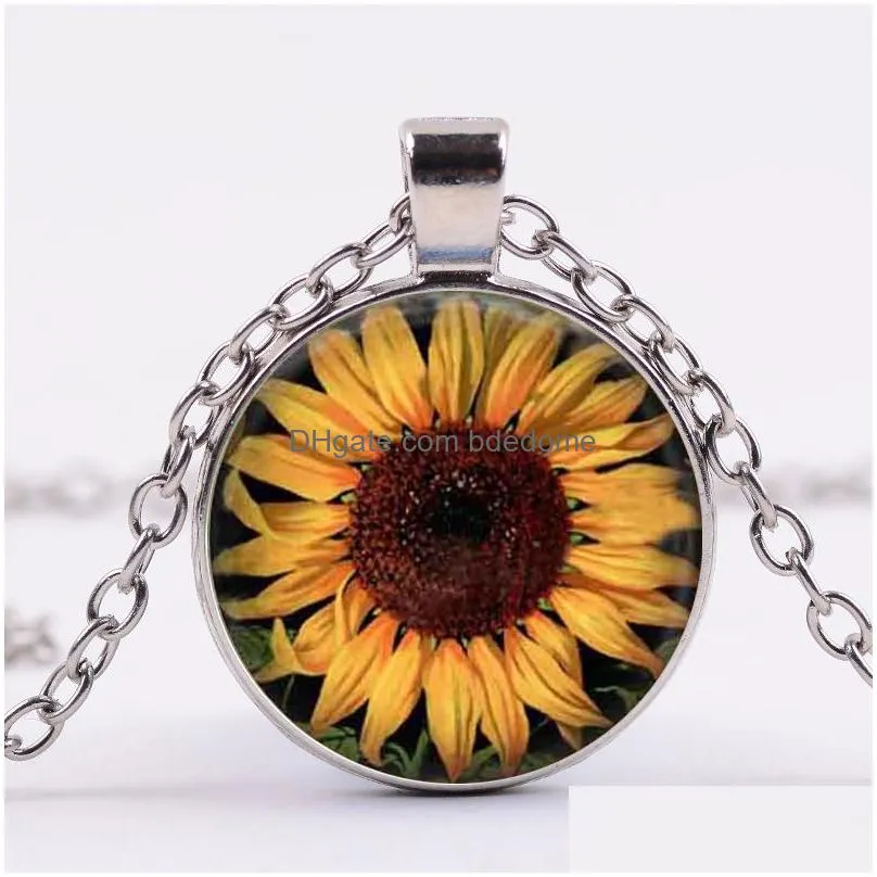 new sunflower chain necklace bright color yellow sun flower art picture glass dome pendant women lucky jewelry gift