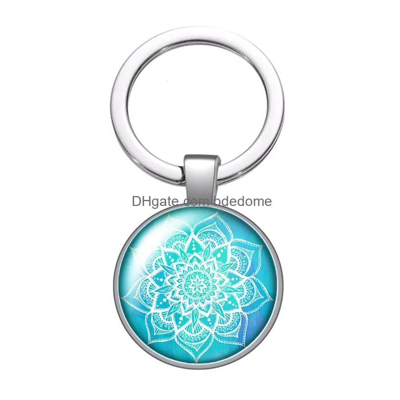 water blue patterns flower pattern new glass cabochon keychain bag car key rings holder silver plated key chains men women gifts