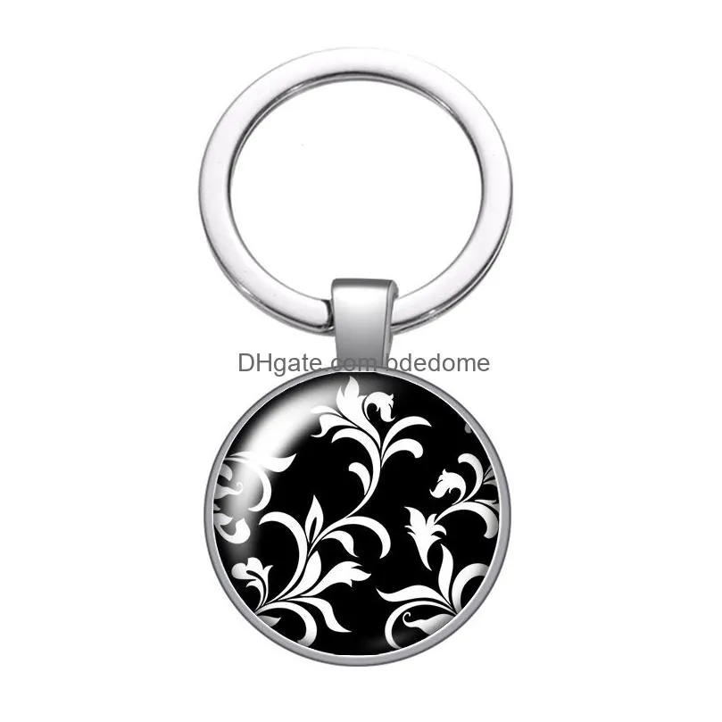 new black patterns flowers glass cabochon keychain bag car key chain ring holder charms silver color keychains for women gifts