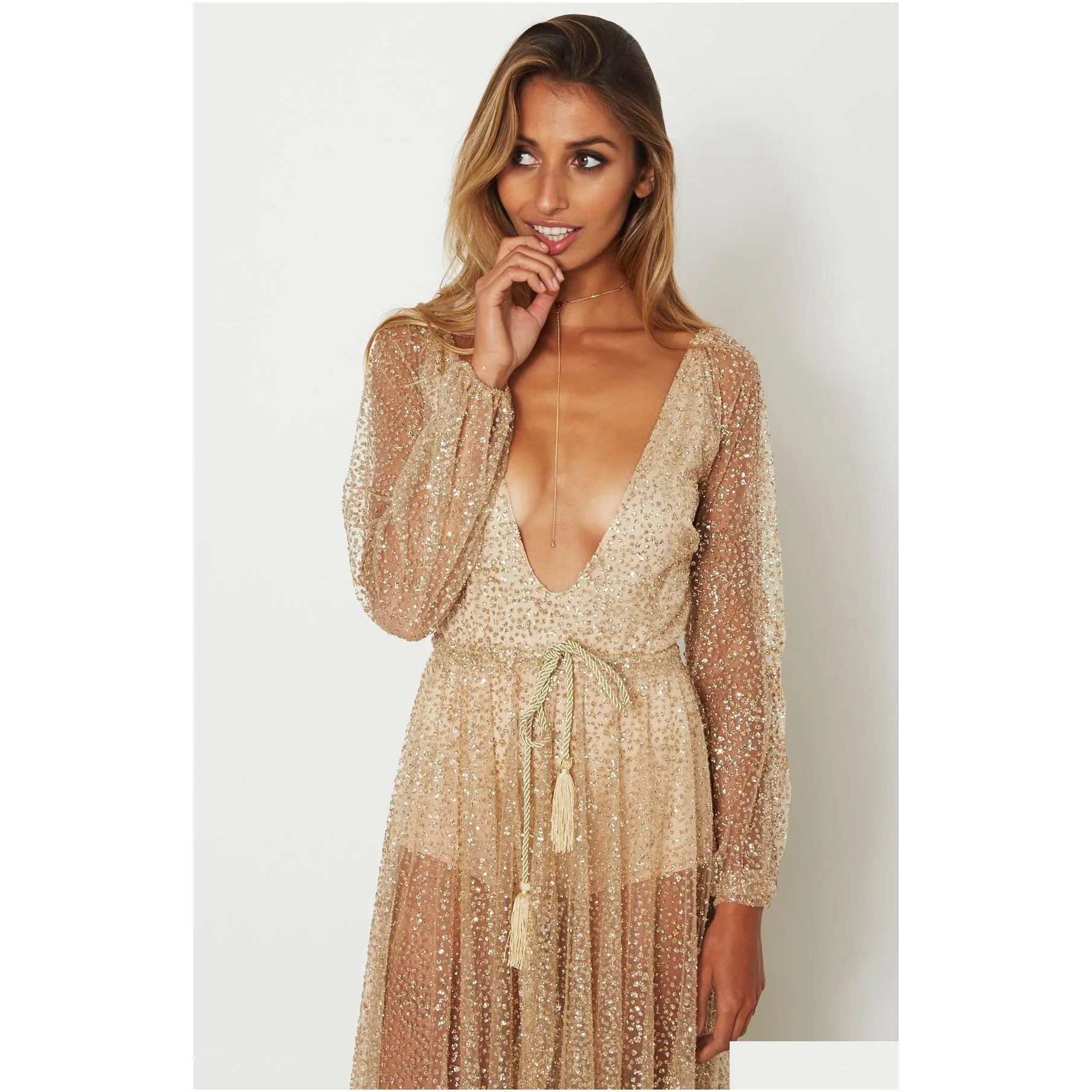lady evening party long dress with rhinestone gold maxi dress long sleeves mesh y deep v-neck clothing