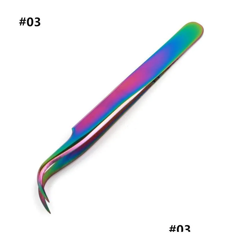 rainbow color eyelashes extension tweezers curler anti-static stainless steel curved tip precision clips for volume eyelash grafting