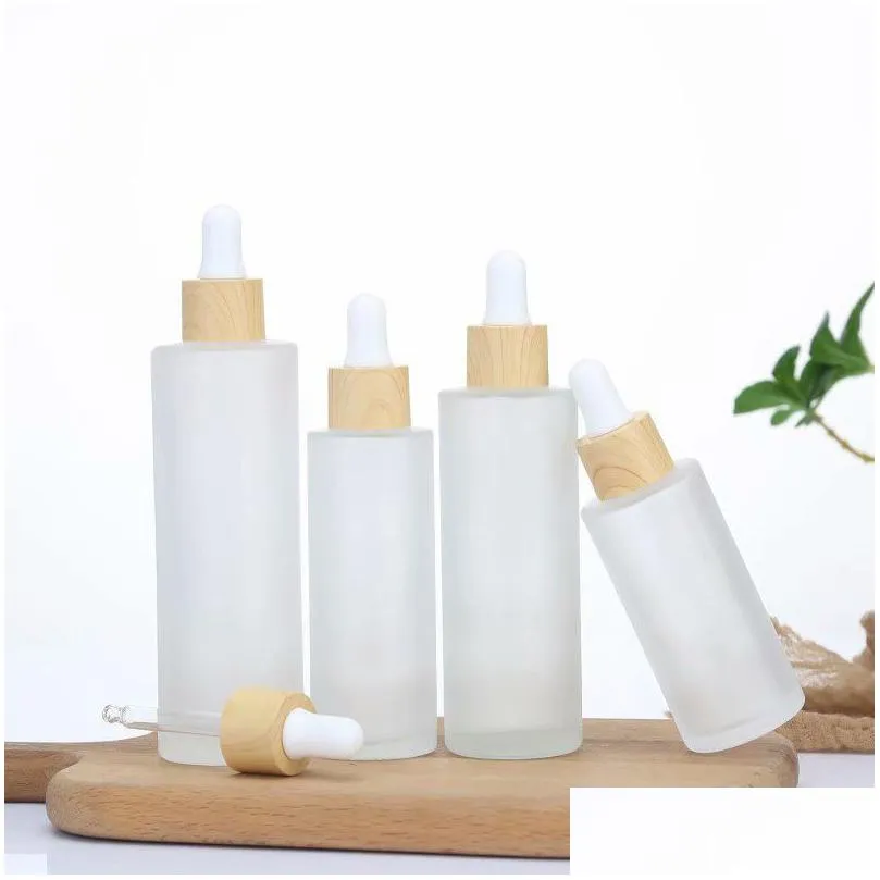 frosted  oil glass bottle cosmetic flat shoulder dropper bottles container with imitated bamboo cap 20ml 30ml 50ml 60ml 100ml