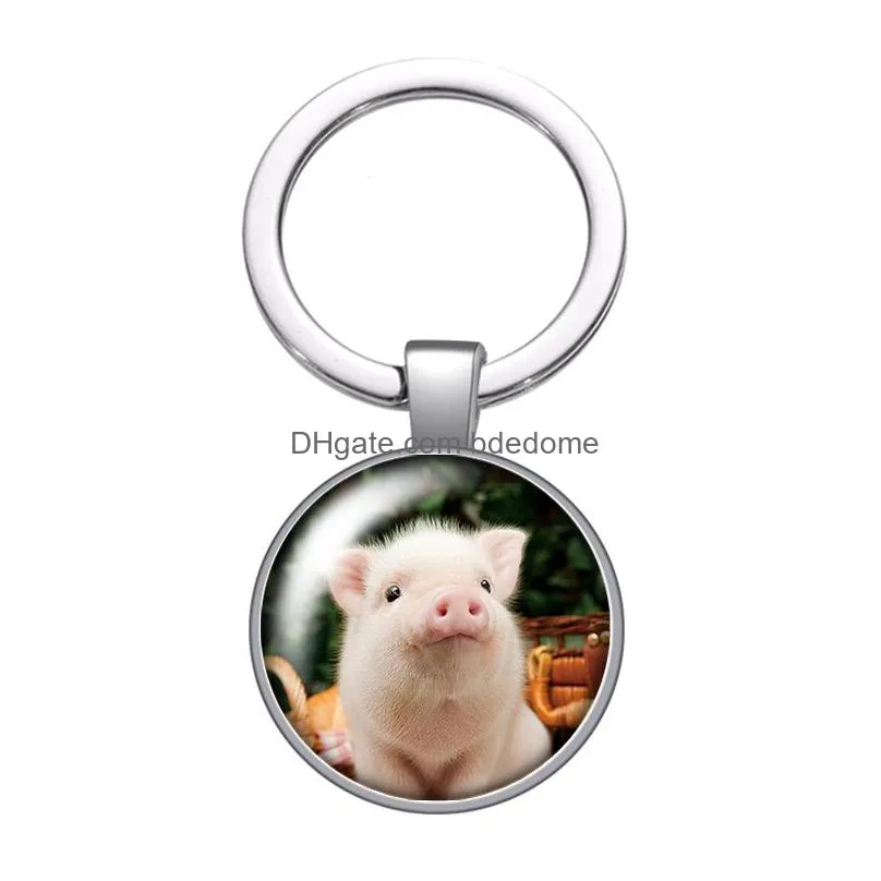 love animals horse hedgehog pig glass cabochon keychain bag car key chain ring holder silver color keychains men women gifts