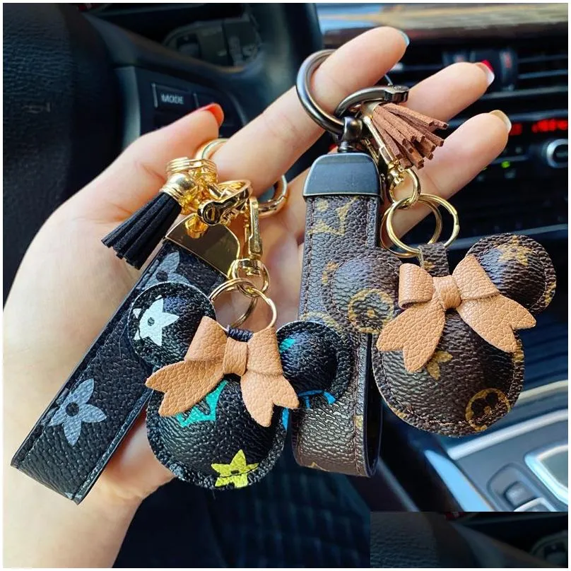 fashion car keychain favor mouse flower bag purse pendant charm brown keyring holder for men gift pu leather lanyard key chain