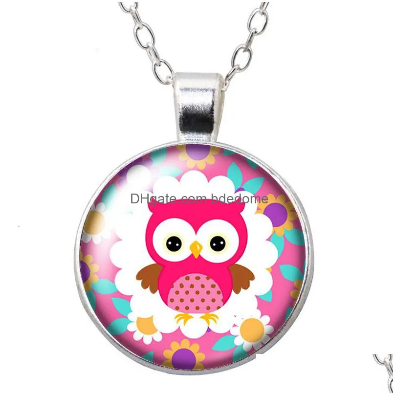 lovely owl love couple hope animals round pendant necklace 25mm glass cabochon silver color jewelry women party birthday gift