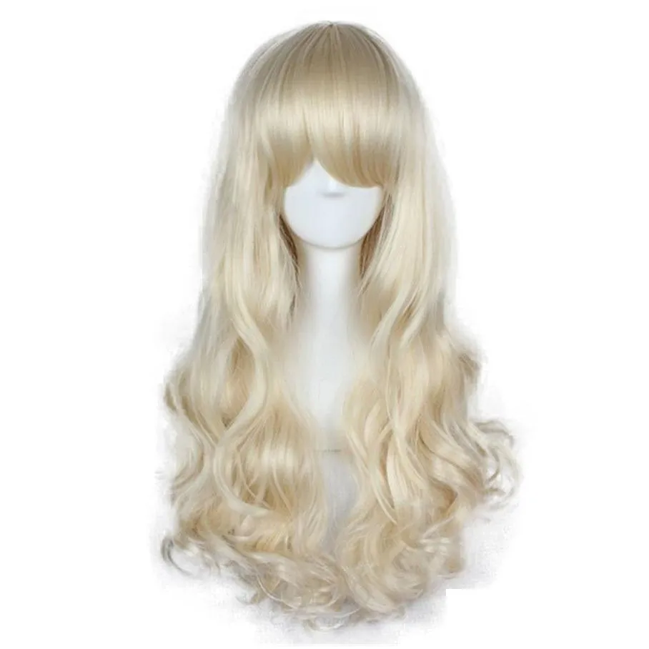 long wave cosplay wig black purple pink sliver gray blonde white orange brown 23 colors synthetic hair wigs