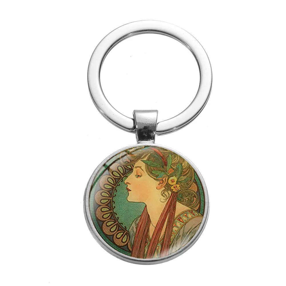 alphonse mucha aestheticism keychain new art nouveau symbol glass crystal metal key chain unique fairy bag charm pendant