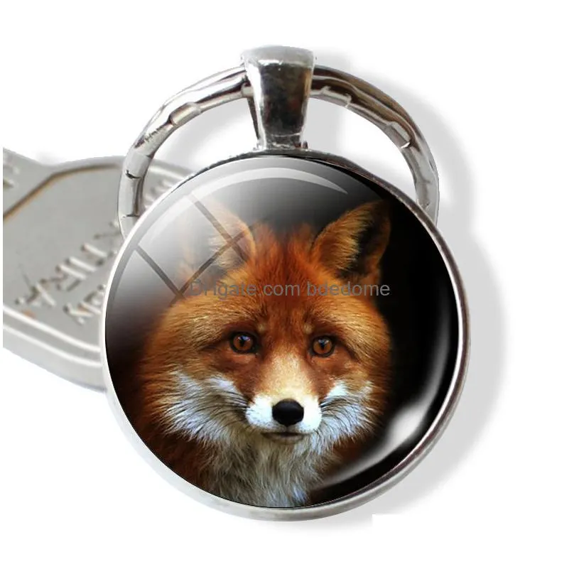 lovely fox picture glass cabochon keychain animal pendant metal key rings christmas gifts for kids dropshipping