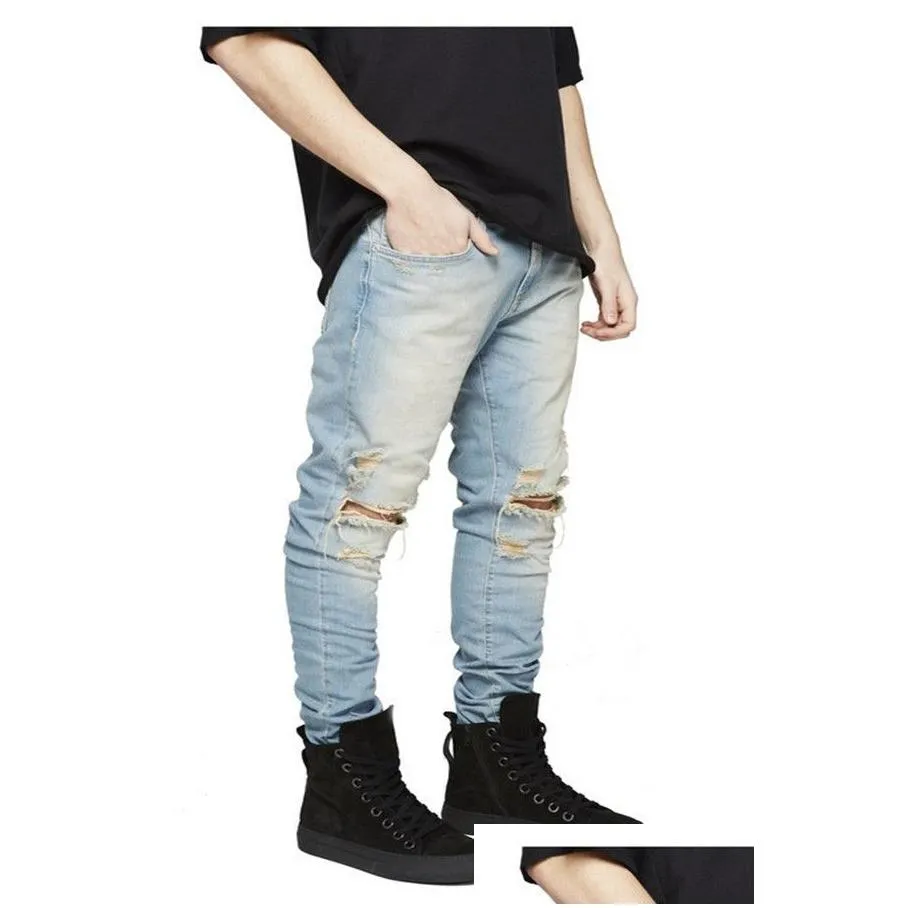 in stock slim fit ripped jeans men hi-street mens distressed denim joggers knee holes washed destroyed plus size