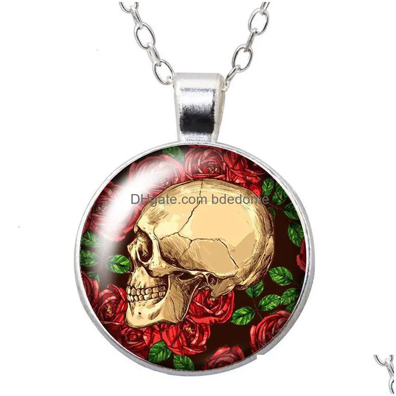 rose skull punk round pendant necklace 25mm glass cabochon silver plated jewelry women party birthday gift 50cm