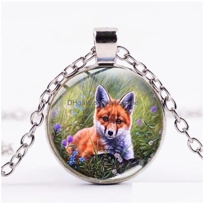 two little cute fox art necklace multistyle patterns fashion fox animal pendant glass silver color chain flower necklaces