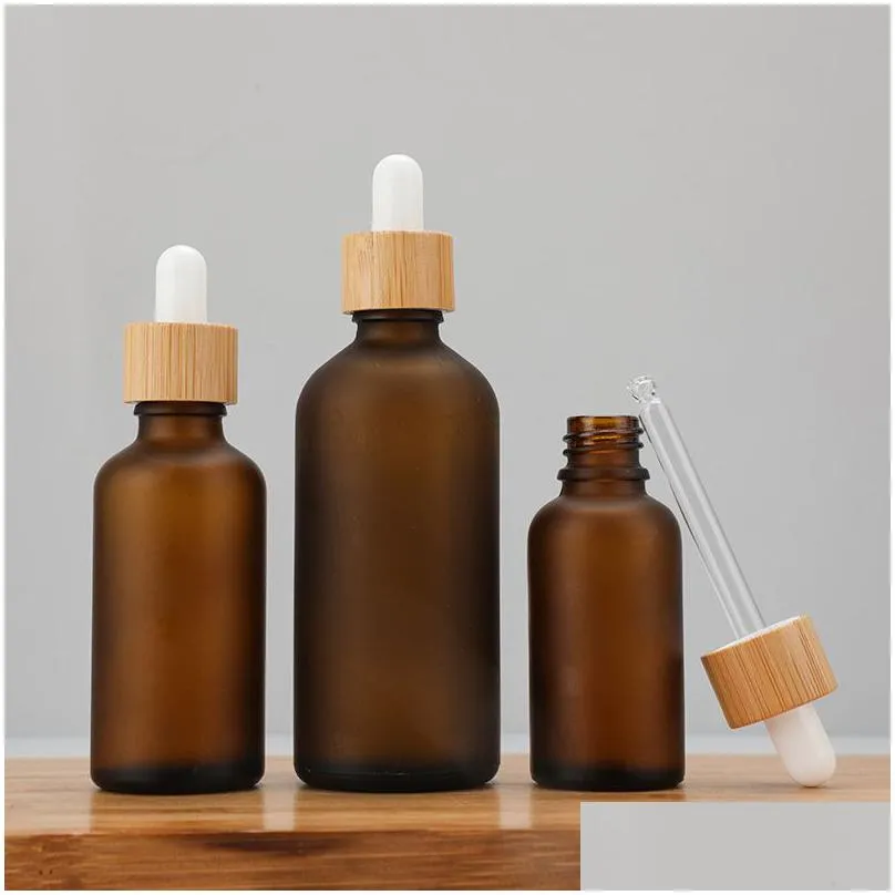 frosted brown glass dropper bottle with bamboo lid top cosmetic cuticle hair essential oil bottles