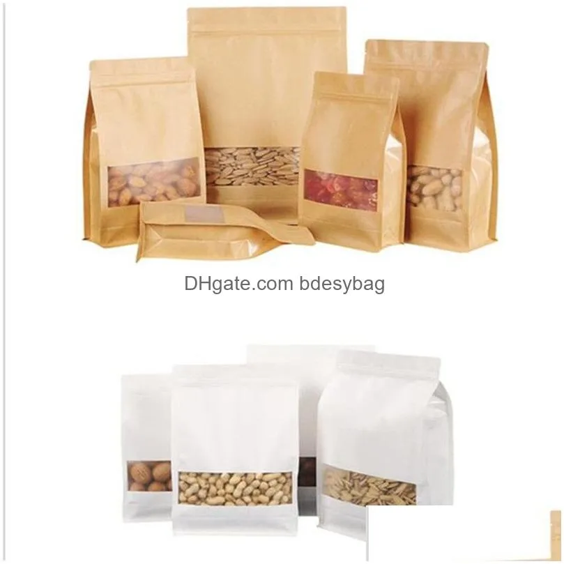 reusable stand up kraft paper bags coffee snack cookie gifts storage bags with window food storage pouch
