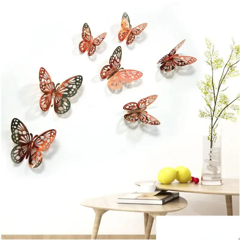 12pcs/lot 3d hollow butterfly wall sticker decoration butterflies decals diy home removable mural decoration party wedding kids room window decors