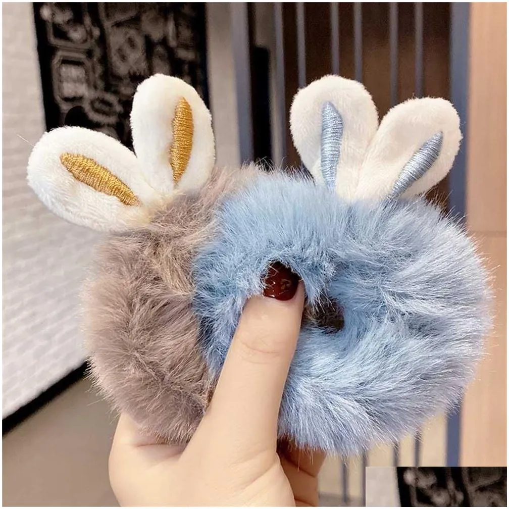 colorful hair accessories plush rabbits ears hair band scrunchies girls ponytail holder tie easter bunny ear hair ring stretchy elastic rope easters gifts