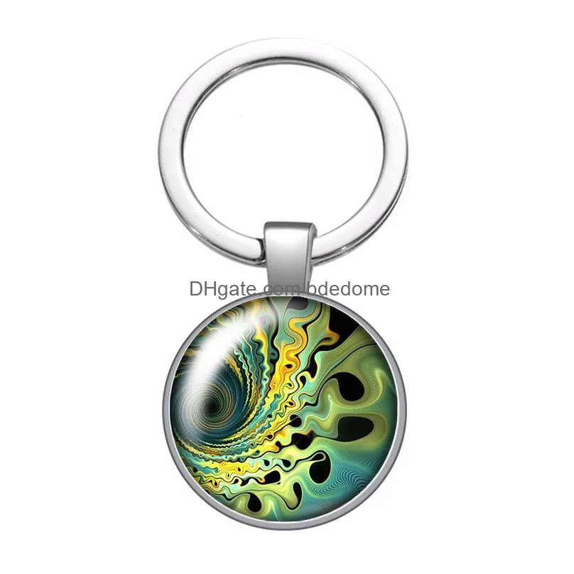 colorful patterns rotating radiant glass cabochon keychain bag car key rings holder silver plated key chains man women gifts