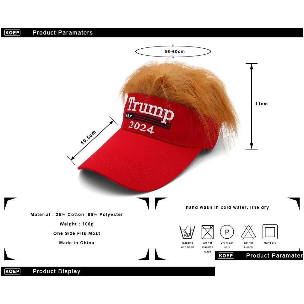 trump 2024 embroidery hat with hair baseball cap trump supporter rally parade cotton hats 