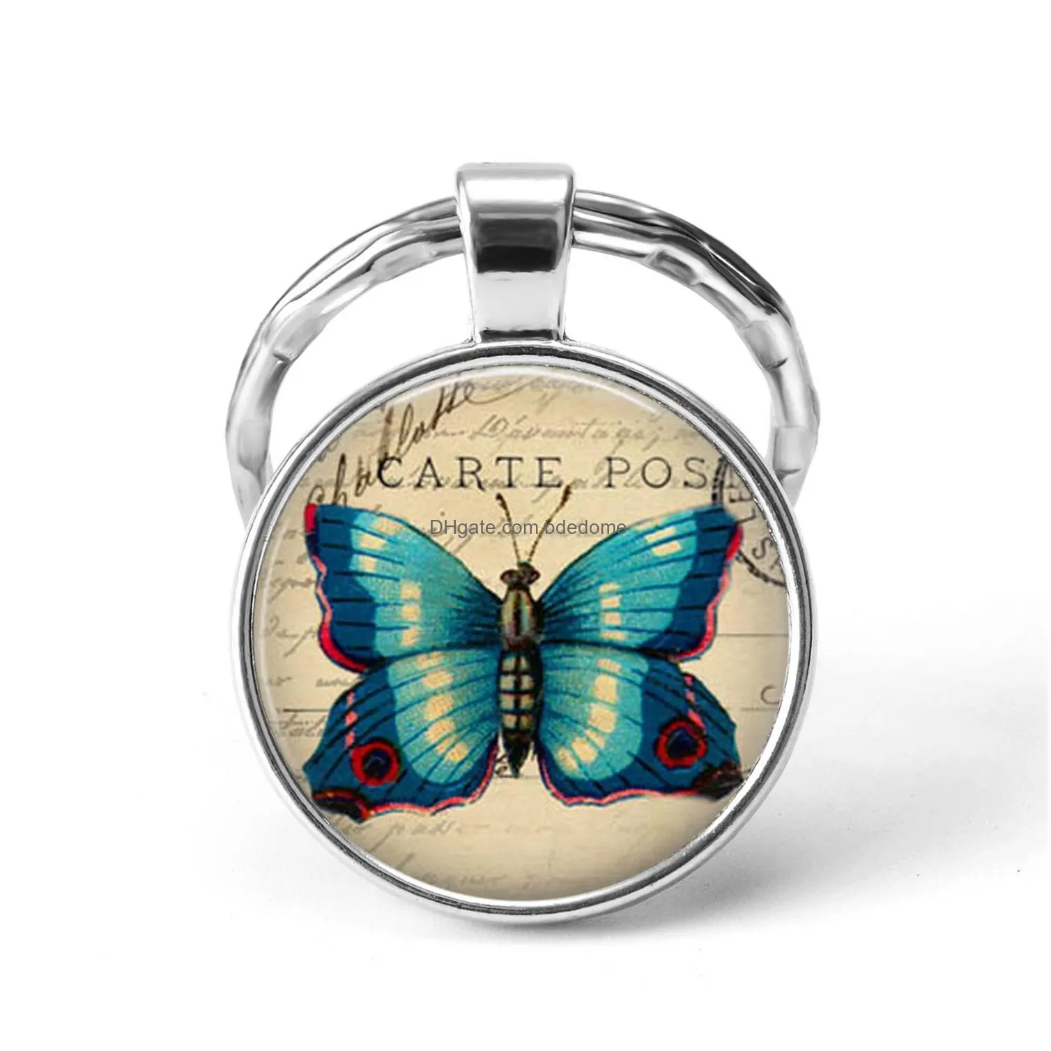 butterfly key chains animal pendant key ring holder art photo glass cabochon pendent silver keychain fashion jewelry gift