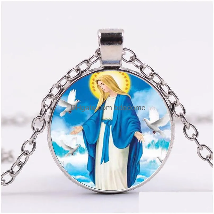 new blessed virgin mary necklace mother and baby art photo jesus pendant glass cabochon women necklaces christian jewelry