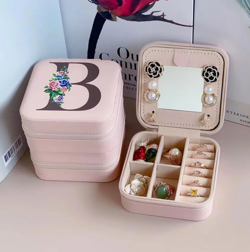 mirror jewelry box organizer display travel zipper case boxes pu leather letter portable earrings necklace ring box packaging display