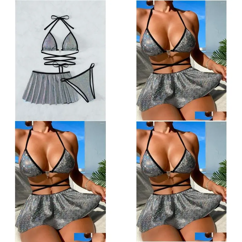 womens swimwear wrap around halter with skirt bikini women female swimsuit three-pieces set bather bathing suit swim lady v4379