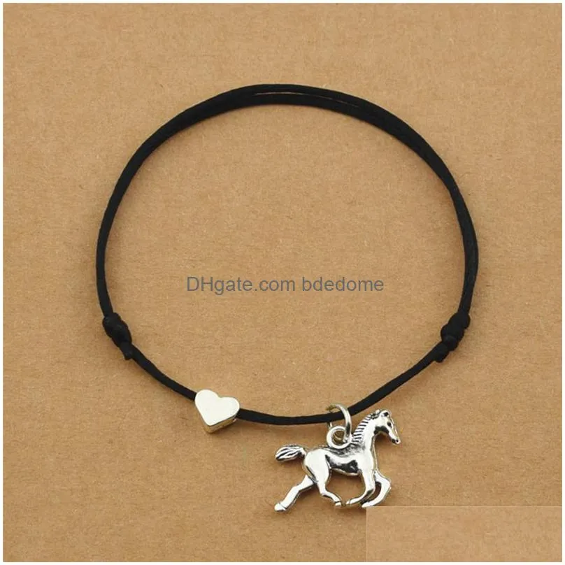 vintage running horse pendant heart charm lucky red cord rope adjustable bracelets for women men animal horse jewelry gifts