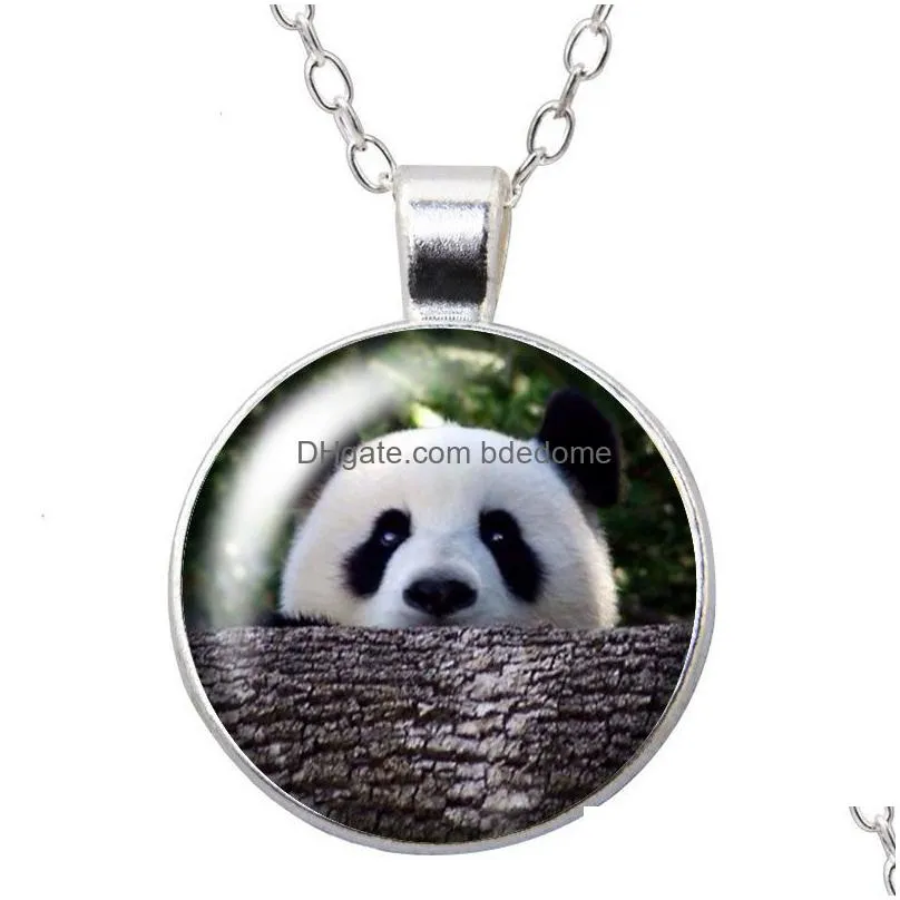 animals giraffe panda elephant  round pendant necklace 25mm glass cabochon silver color jewelry women birthday gift 50cm