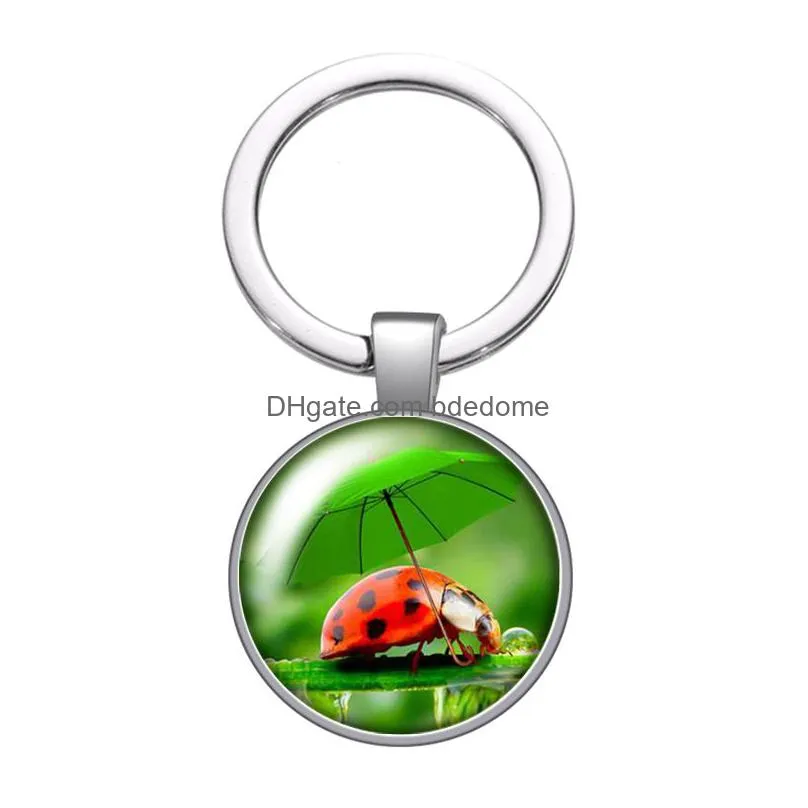 lovely ladybug cute love animals glass cabochon keychain bag car key rings holder charms silver plated key chains women gifts