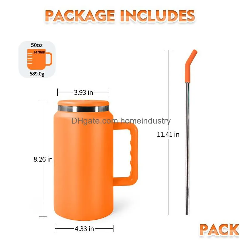 50oz mug tumbler with handle powder coated travel coffee mug with straw double wall stainless steel water cup bottle large insulated tumbler