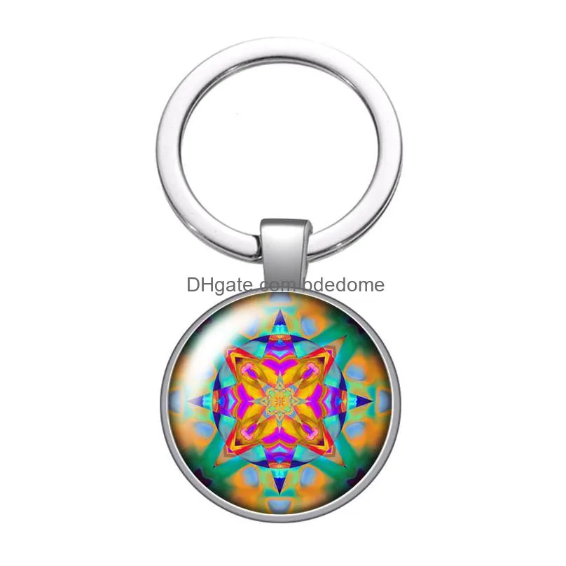 artistic pattern flowers new style glass cabochon keychain bag car key rings holder charms silver plated key chains women gifts