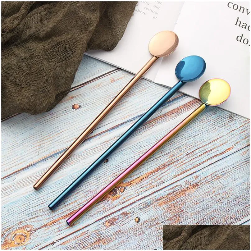 stainless steel metal drinking straws colorful reusable cocktail spoons milk bar coffee stirring accessory xbjk2204