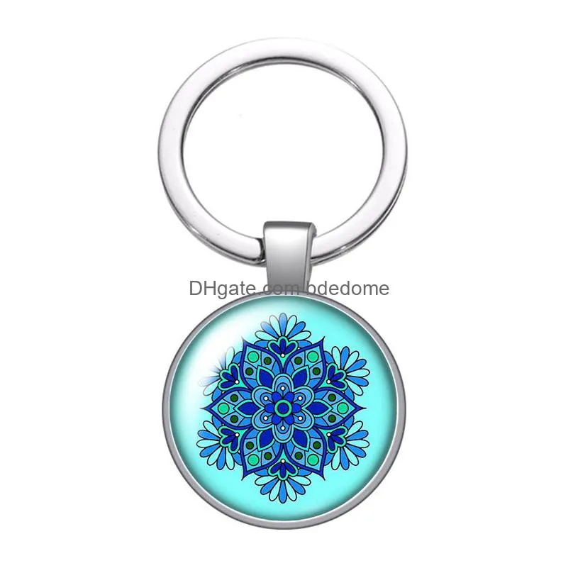 water blue patterns flower pattern new glass cabochon keychain bag car key rings holder silver plated key chains men women gifts