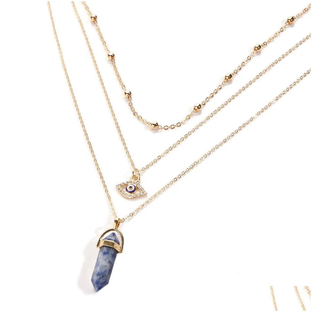 blue evil eye stone necklaces women natural crystal quartz chakra bullet hexagonal prism point healing pendant beads necklace fashion multi layered choker