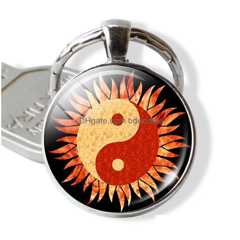 art tai chi glass cabochon pendant key chain yin yang jewelry fashion metal keychain for men women birthday gift