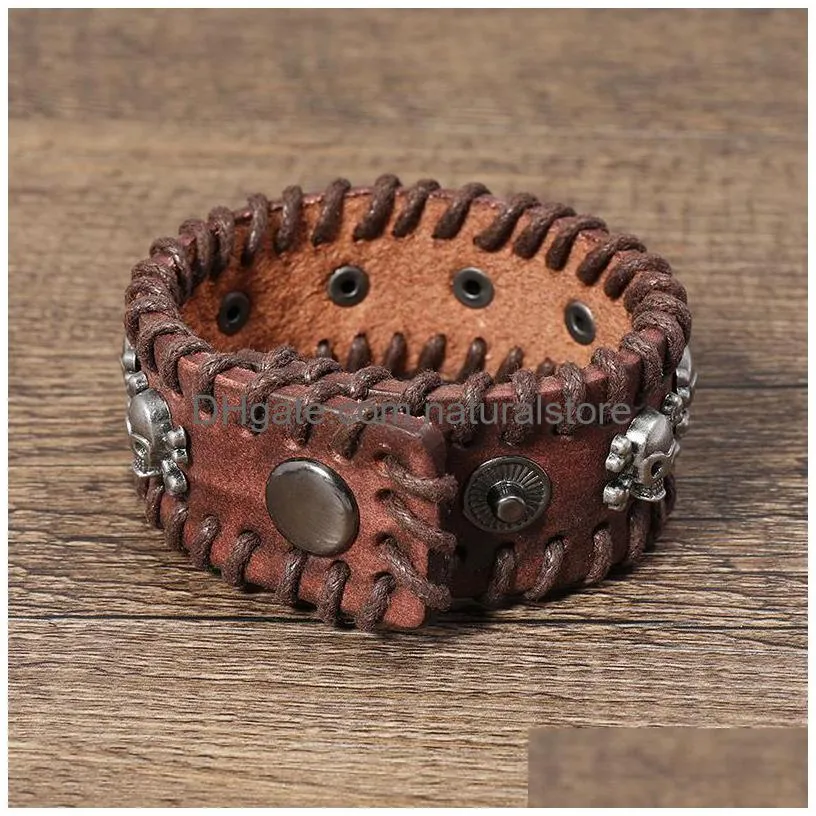 punk knit skull bracelets leather bangle cuff button adjustable multilayer wrap bracelet wristand for men women will and sandy fashion