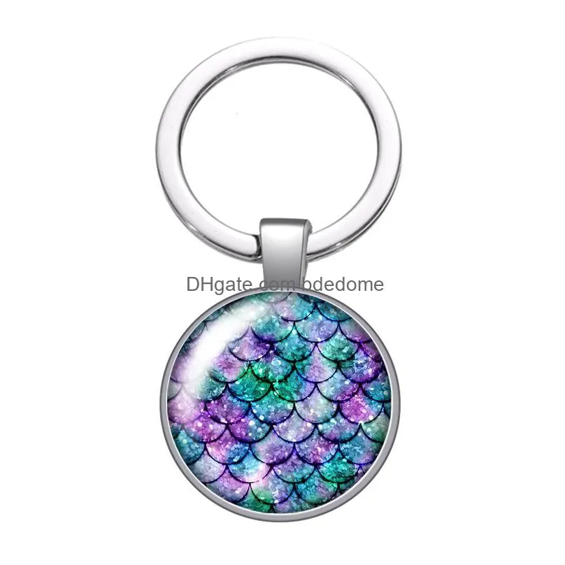 colorful shinning style fish scale glass cabochon keychain bag car key rings holder silver plated key chains men women gifts