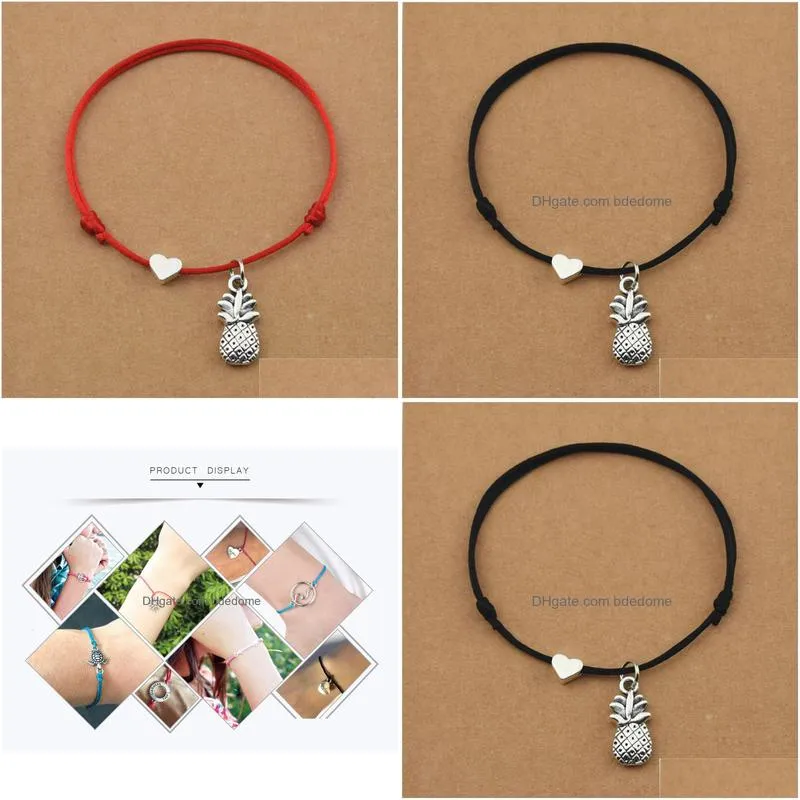 handmade lucky red cord black rope tropical fruits ananas pineapple pendant heart charm bracelets for women men couple jewelry