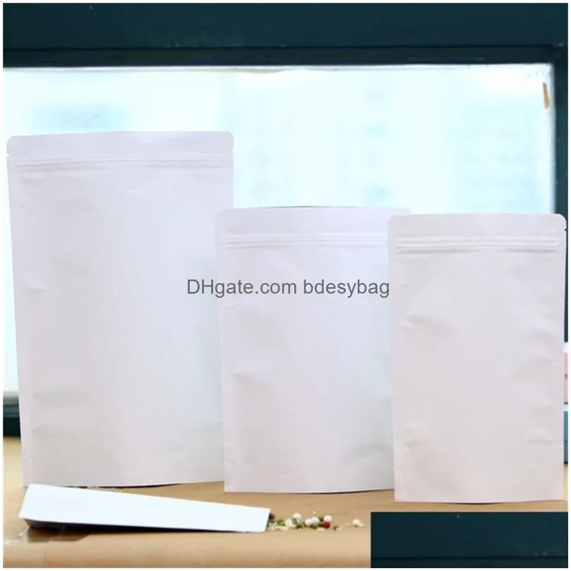 100pcs/lot stand up white kraft paper bag aluminum foil packaging pouch food tea snack smell proof resealable bags package