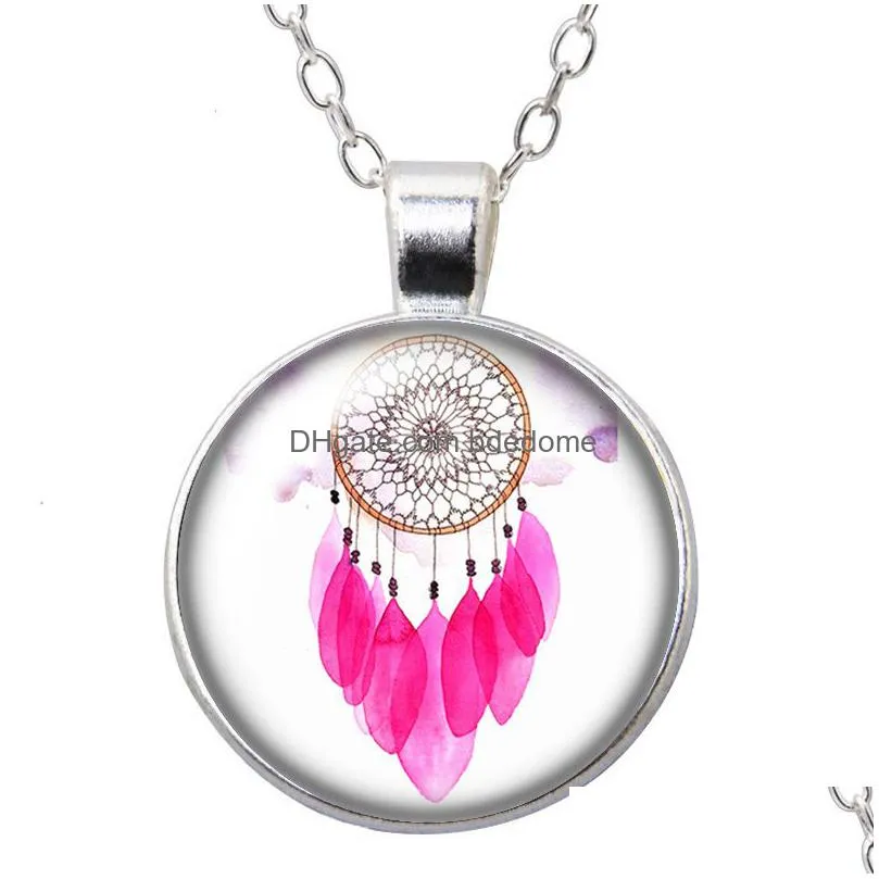 dreamcatcher dream come ture fashion round pendant necklace 25mm glass cabochon silver color jewelry women party birthday gift
