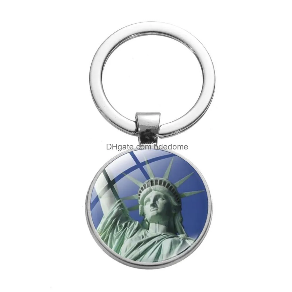  statue of liberty round glass pendent key chain rings holders men women handmade fashion key chain gifts