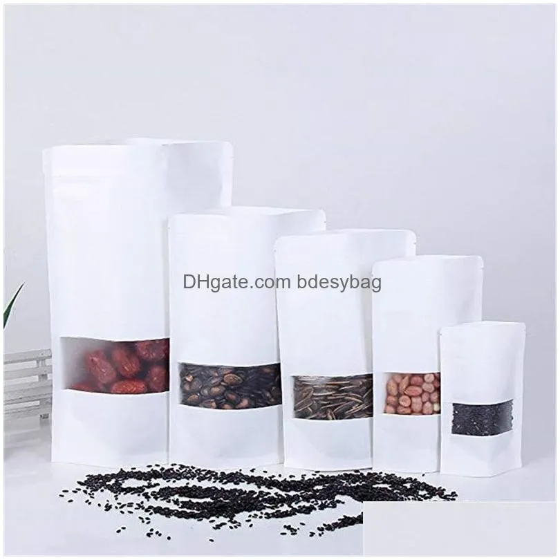 sealable kraft zipper stand up bag reclosable white paper bags for food storage with matte window pouch