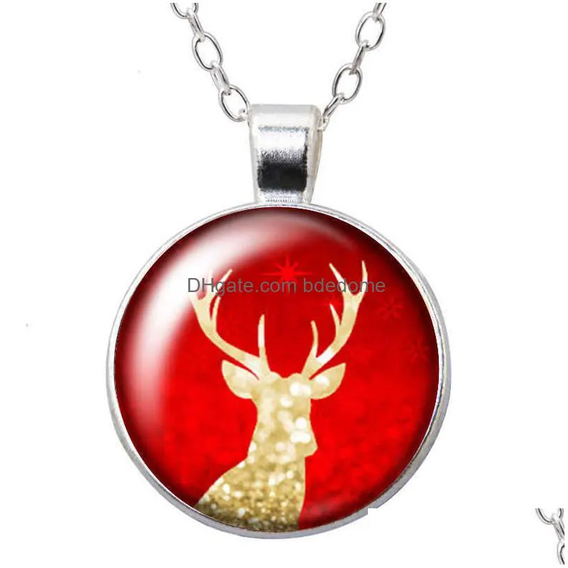 christmas reindeer bells round pendant necklace 25mm glass cabochon silver plated/crystal jewelry women girl birthday gift 50cm